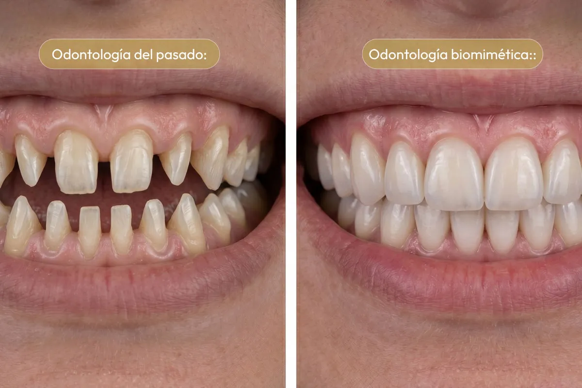 Infografía médica que compara el tallado dental agresivo clásico frente a la conservación del esmalte con carillas biomiméticas sin tallar